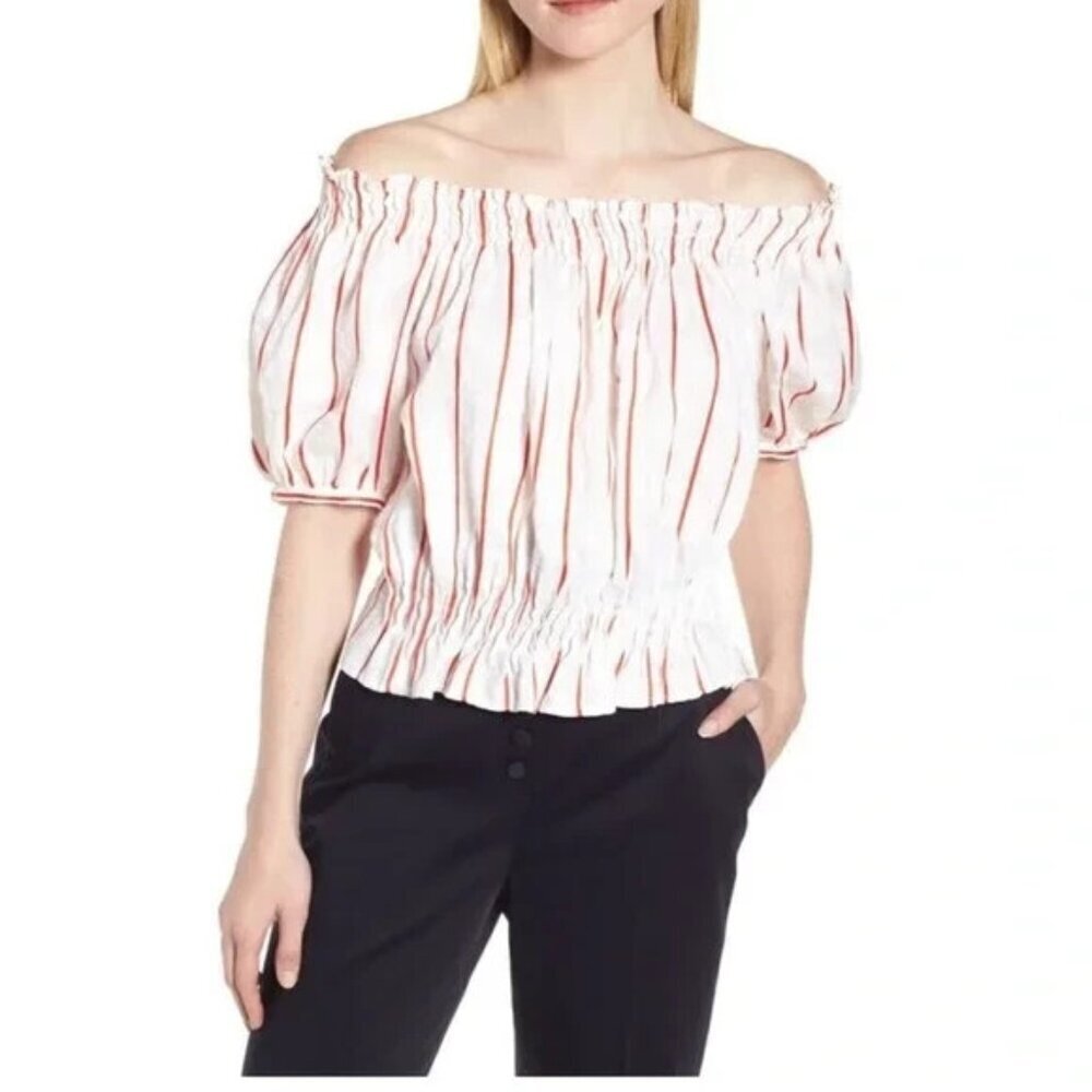 LEWIT Women Off Shoulder Blouse Sz XL White Red Striped Casual Beachy 70-13